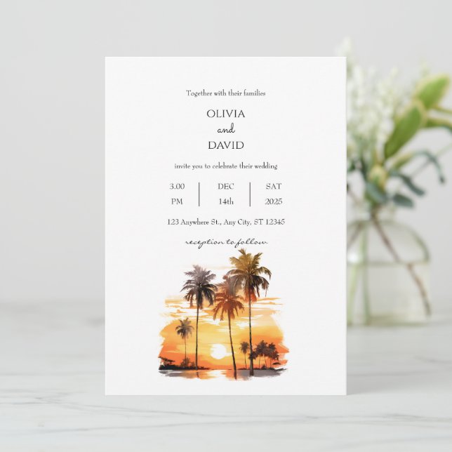 Invitación Palmeras Tropicales Contra El Boda Beach Sunset (Anverso de pie)