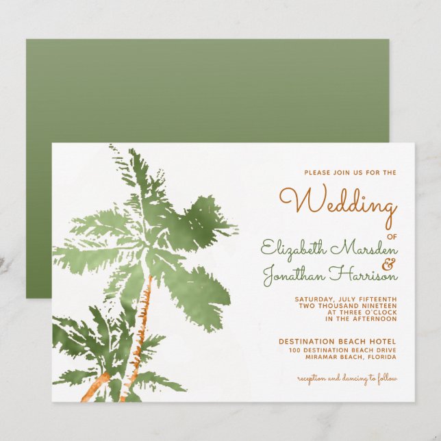 Invitación Palmeras Tropicales de Cobre Elegante Boda Playa (Anverso / Reverso)
