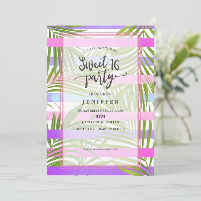 Invitación Palmeras tropicales de dulce violeta rosa moderno  (Anverso de pie)