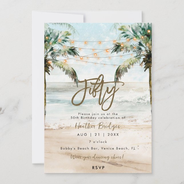 Invitación Palmeras tropicales de playa fiesta de 50 años (Anverso)