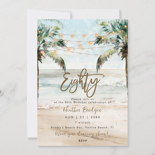 Invitación Palmeras tropicales de playa fiesta de cumpleaños  (Anverso)