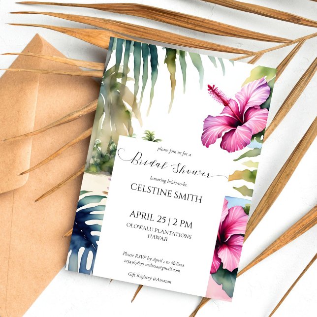 Invitación Palmeras tropicales de playa hibiscus ducha de nov (Tropical beach palms hibiscus bridal shower template invitation digital download watercolor palms)