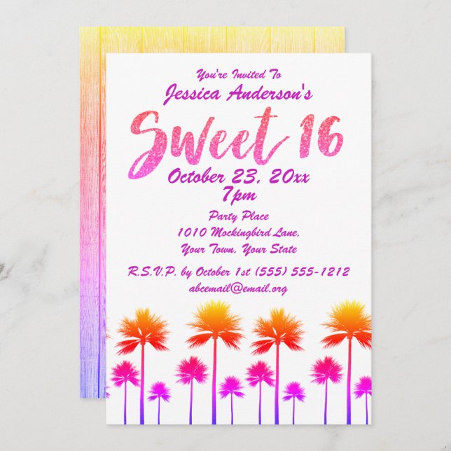 Invitación Palmeras Tropicales Dulces Dieciséis (Anverso / Reverso)
