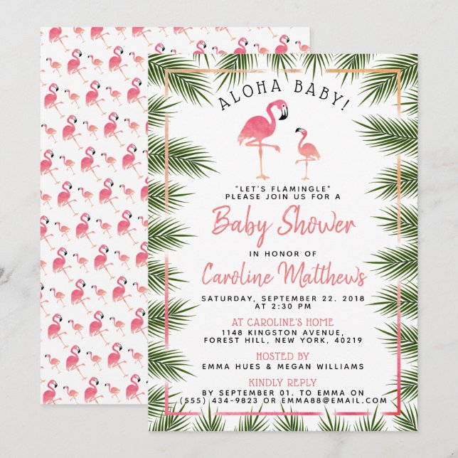 Invitación Palmeras Tropicales Watercolor Flamingo Baby Showe (Anverso / Reverso)