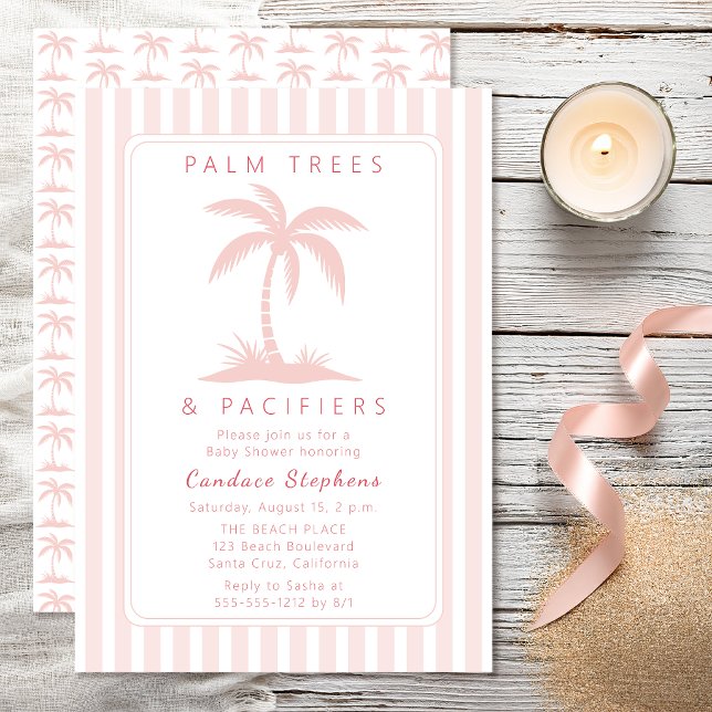 Invitación Palmeras y Chupetes Rosa Cumpleaños de Bebé Coster (Elegant pink palm tree "Palm Trees and Pacifiers" baby shower invitation with preppy coastal stripes)