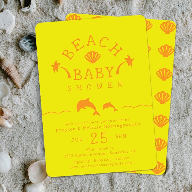 Invitación Palmeras y delfines Baby Shower de playa amarillo  (Subido por el creador)