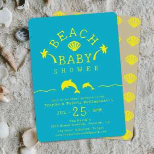 Invitación Palmeras y delfines Verde azulados y Yellow Beach 