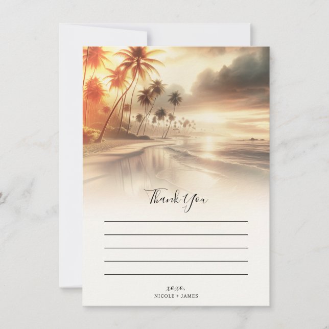 Invitación Palmeras y puesta de sol naranja en la playa Boda  (Anverso)
