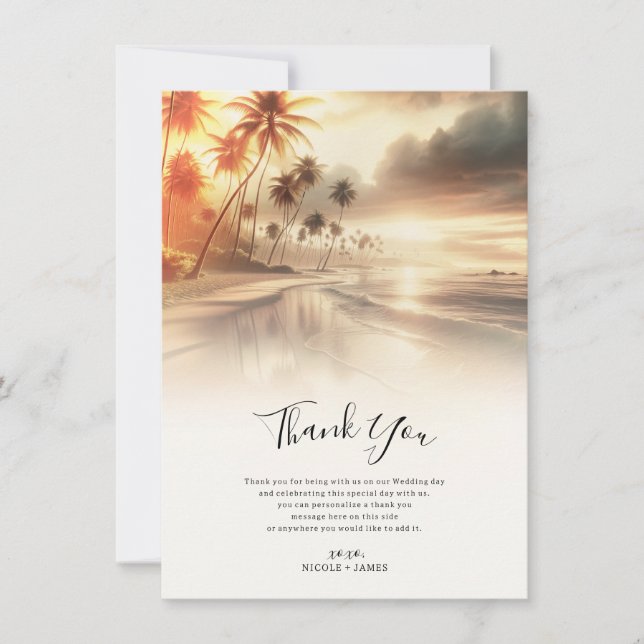 Invitación Palmeras y puesta de sol naranja en la playa Boda  (Anverso)