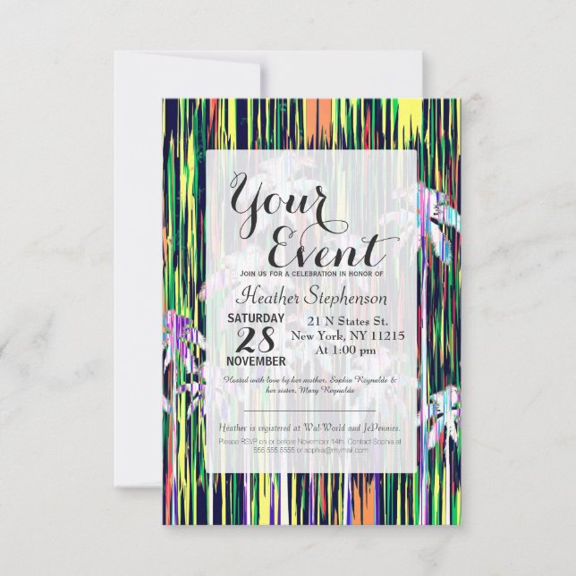 Invitación Palmeras y rayas multicolores brillantes Neon (Anverso)