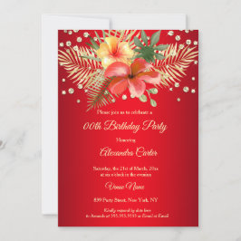 Invitación Palmitas doradas rojas florales Cumpleaños