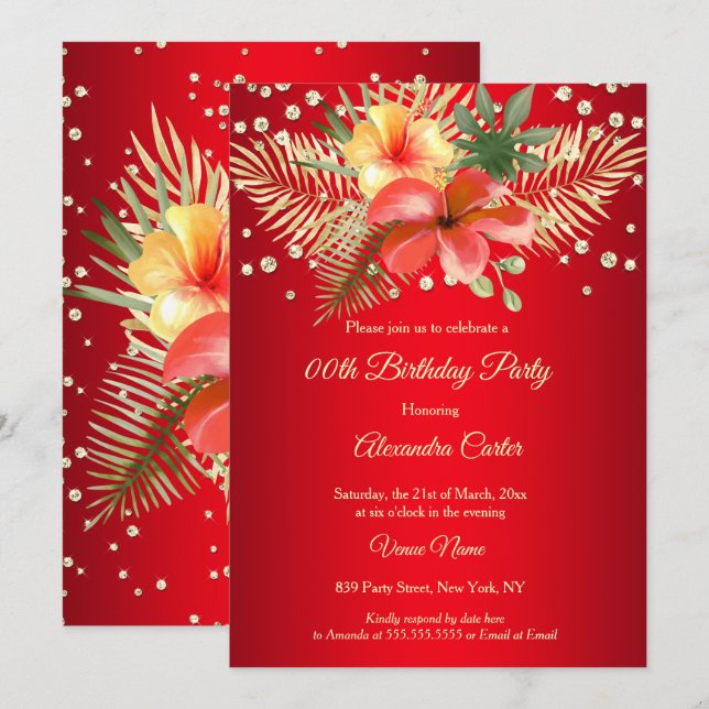 Invitación Palmitas doradas rojas florales Cumpleaños (Anverso / Reverso)