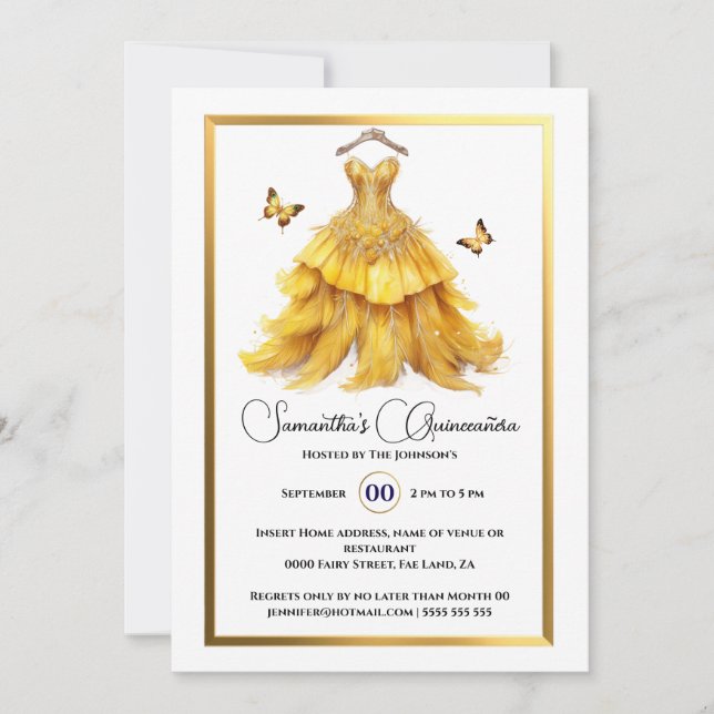 Invitación Palo amarillo Quinceañera dorado mariposa elegante (Anverso)