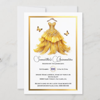 Invitación Palo amarillo Quinceañera dorado mariposa elegante