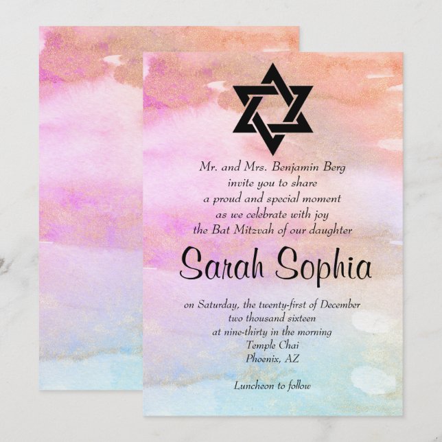 Invitación Palo azul anaranjado rosado Mitzvah del chica del (Anverso / Reverso)