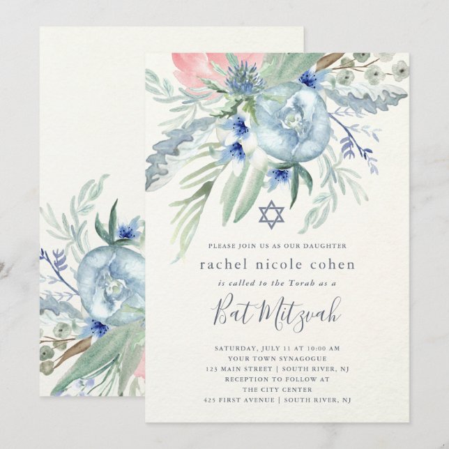 Invitación Palo azul y rosado Mitzvah del Peony (Anverso / Reverso)