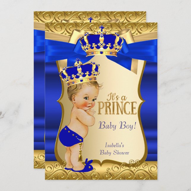 Invitación Palo de Damasco de oro azul del príncipe real Baby (Anverso / Reverso)