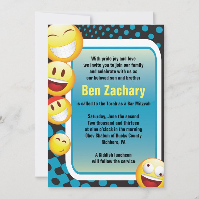 Invitación Palo FELIZ Mitzvah de la barra de la EMOJI (Anverso)