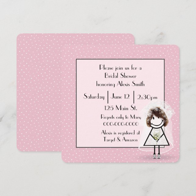 Invitación Palo Figura Novia Sobre Puntos De Polka Rosa (Anverso / Reverso)