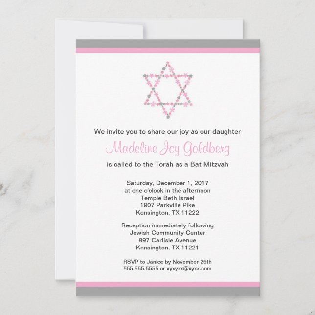 Invitación Palo floral rosado y gris moderno Mitzvah de la (Anverso)