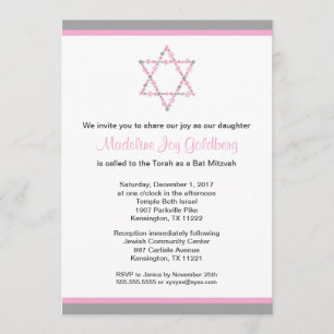 Invitación Palo floral rosado y gris moderno Mitzvah de la
