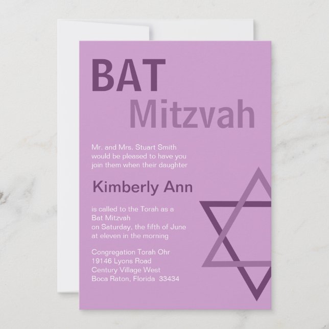 Invitación Palo moderno Mitzvah Invitiation- púrpura y rosado (Anverso)