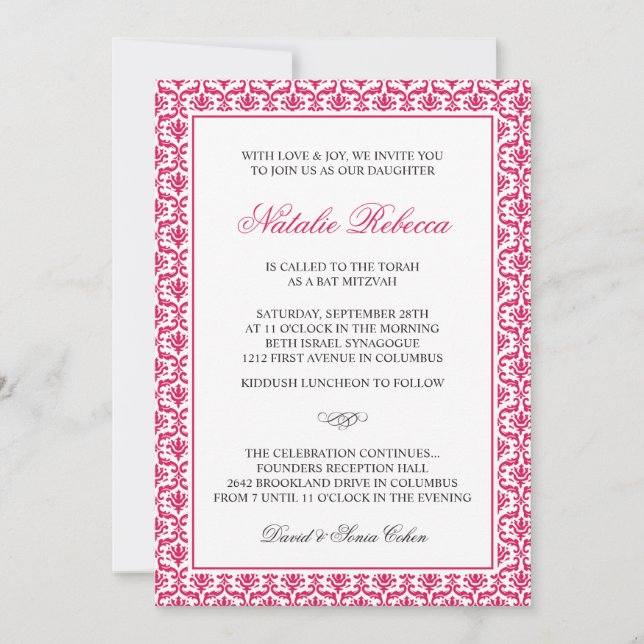 Invitación Palo rosado elegante Mitzvah del damasco (Anverso)