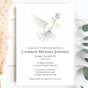 Invitación Paloma acuarela y cruz de oro Bautizo elegante