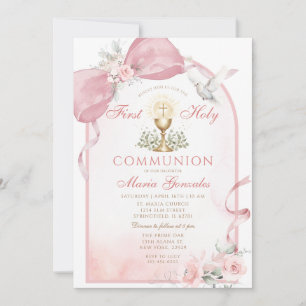Invitación Paloma de la Eucaristía con Lazo Rosa Niña Primera