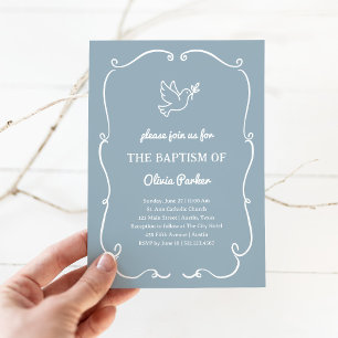 Invitación Paloma Dibujada a Mano Caprichosa Azul   Bautizo