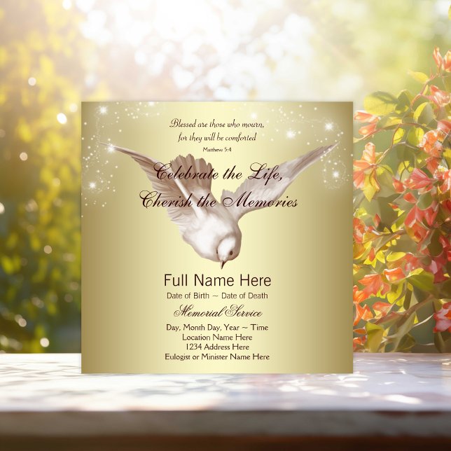 Invitación Paloma Dorada Elegante En Memoria Querida Memorial (Elegant gold dove memorial service announcements. Simply add your event details.)