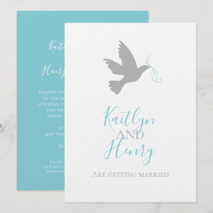 Invitación Paloma gris simple con boda de cinta azul acuático