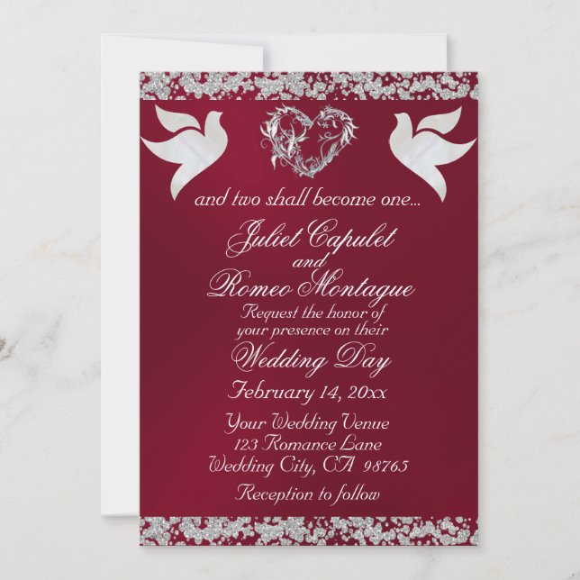 Invitación Paloma, Purpurina y corazón plateado, código QR -  (Anverso)