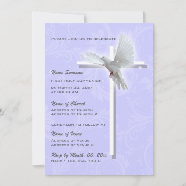 Invitación Paloma religiosa de la confirmación de la comunión (Anverso)