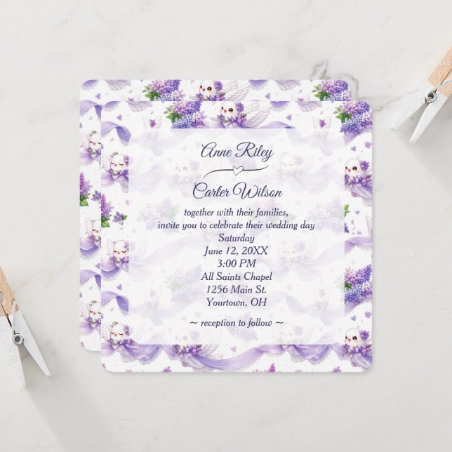 Invitación Palomas blancas de boda con lilas y cintas (Anverso/Reverso In Situ)