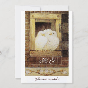 Invitación PALOMAS BLANCAS EN LA VENTANA monograma, amarillo 