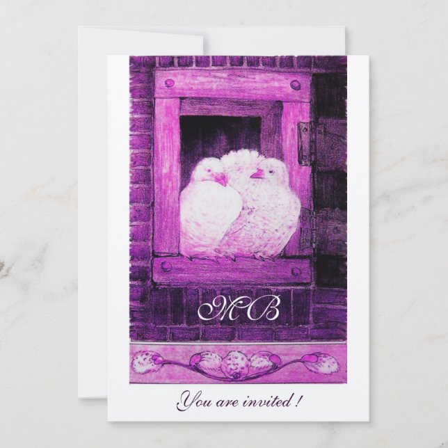 Invitación PALOMAS BLANCAS EN LA VENTANA Monograma, Blanco Pú (Anverso)