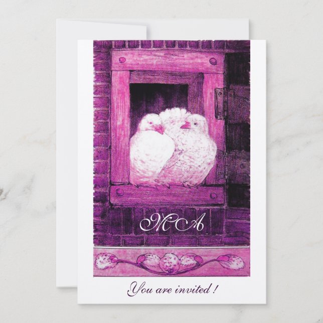 Invitación PALOMAS BLANCAS EN LA VENTANA monograma champán (Anverso)