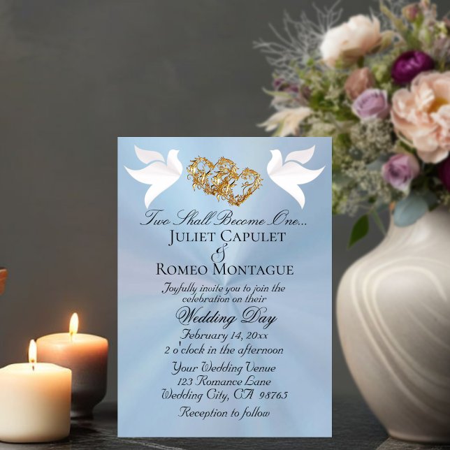 Invitación Palomas, Corazones, Código QR - Azul Pastel/Dorado (Subido por el creador)