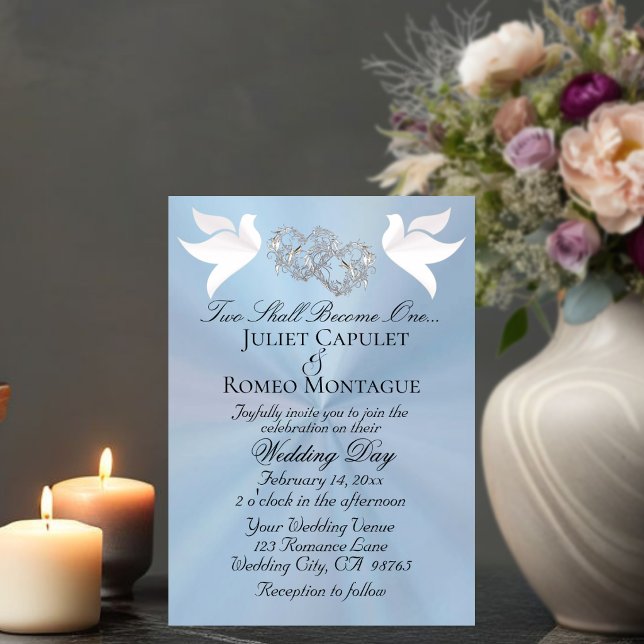 Invitación Palomas, Corazones, Código QR - Azul Pastel/Platea (Subido por el creador)