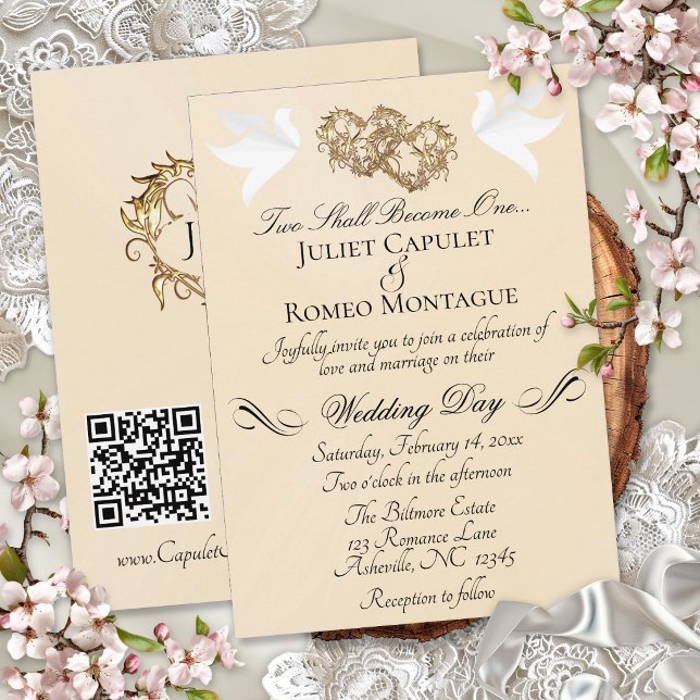Invitación Palomas, Corazones, Código QR - Melocotón Perla/Or (Subido por el creador)
