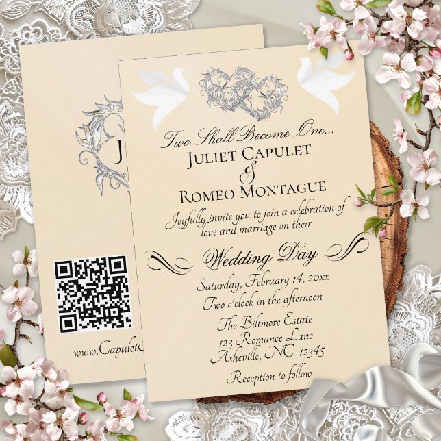 Invitación Palomas, Corazones, Código QR - Melocotón Perla/Pl (Subido por el creador)