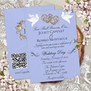 Invitación Palomas, Corazones, Código QR - Perla Azul/Oro