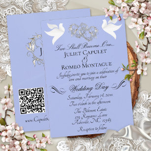 Invitación Palomas, Corazones, Código QR - Perla Azul/Plata