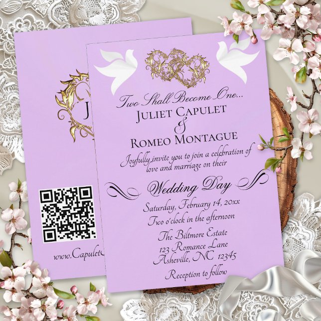 Invitación Palomas, Corazones, Código QR - Perla Lavanda/Oro (Subido por el creador)