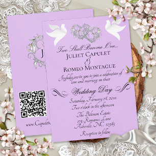 Invitación Palomas, Corazones, Código QR - Perla Lavanda/Plat