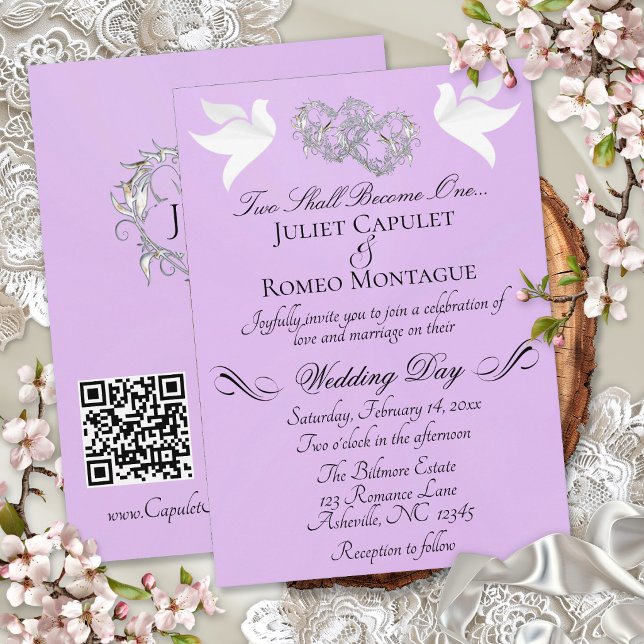 Invitación Palomas, Corazones, Código QR - Perla Lavanda/Plat (Subido por el creador)