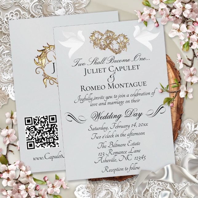 Invitación Palomas, Corazones, Código QR - Perla Plateada/Oro (Subido por el creador)