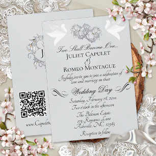 Invitación Palomas, Corazones, Código QR - Perla plateada/Pla