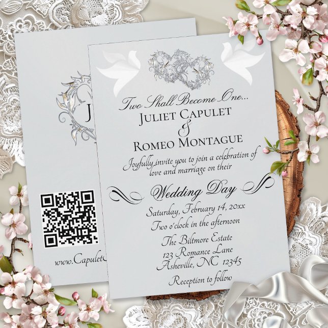 Invitación Palomas, Corazones, Código QR - Perla plateada/Pla (Subido por el creador)